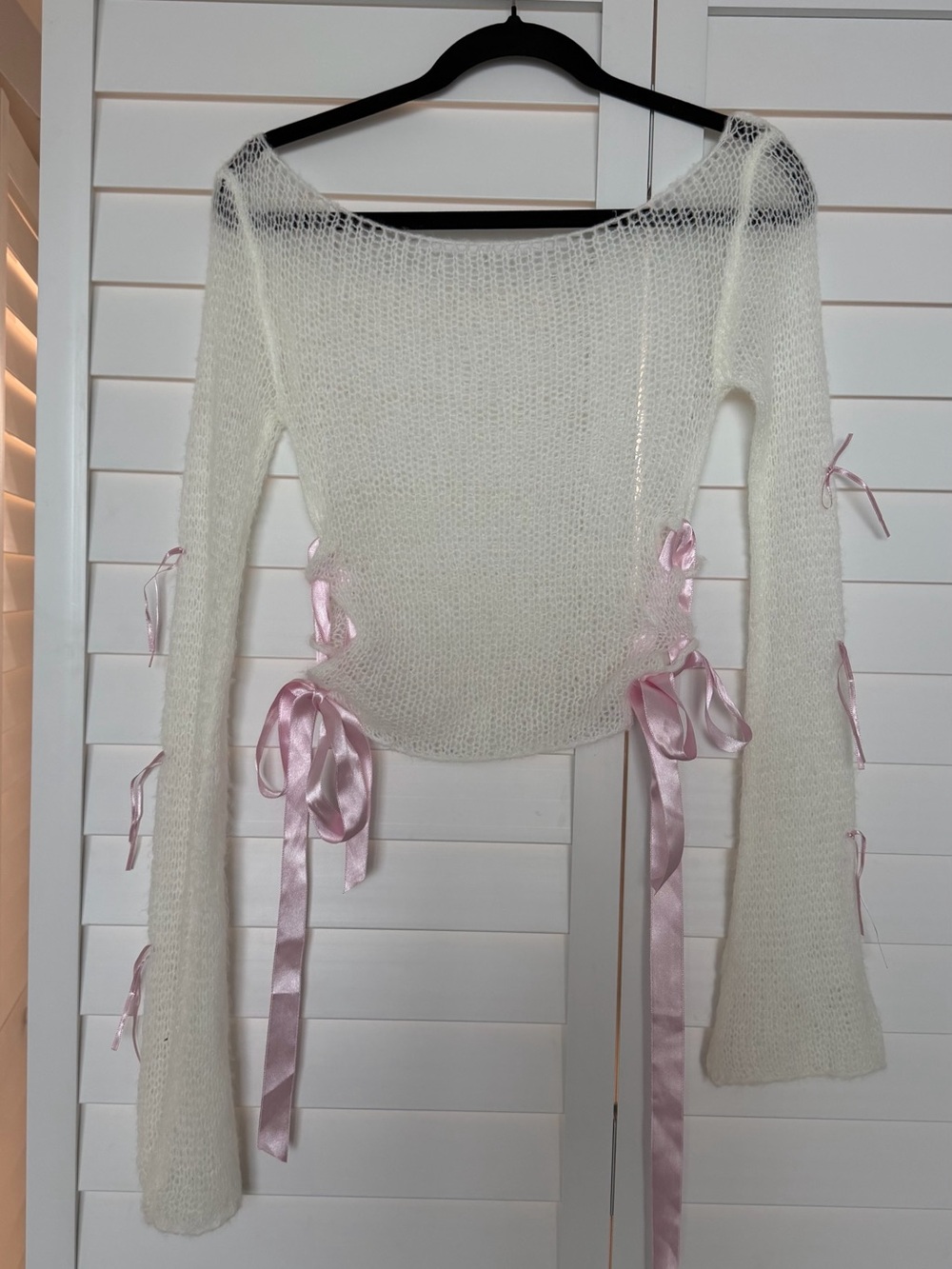 Edikted Delicate Ivory Knit Sweater with Pink Ribbon Ties